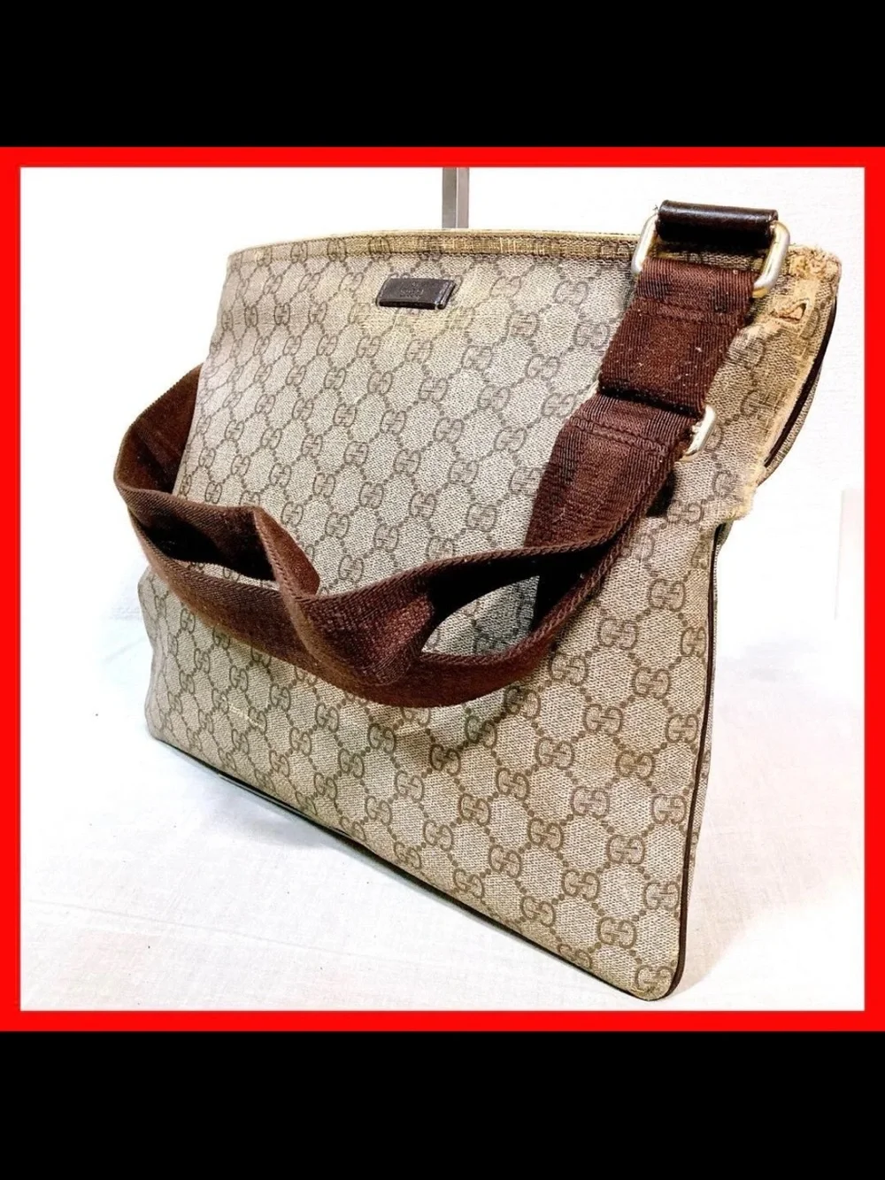 Gucci Beige GG Canvas Crossbody Messenger Bag with Brown Strap